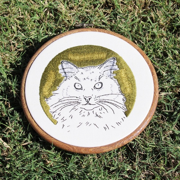 Psychedelic Fluffy Long Haired Cat Line Embroidery Art - Picture 4 of 4